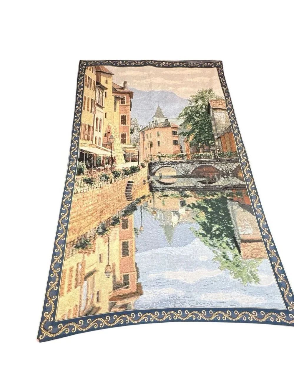Vintage European Village Woven Jacquard Tapestry Wall Hanging Canal Bridge Swans